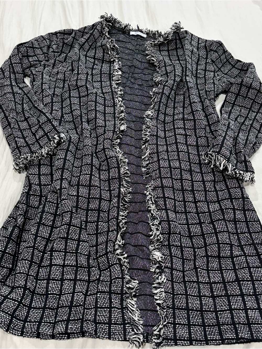 Zara Black White Plaid Fringe Longline Cardigan